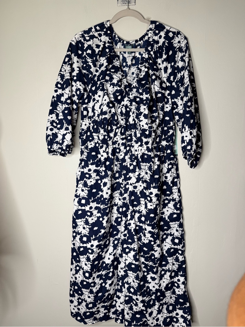 Terra & Sky Navy and White Long Sleeve Floral Midi Dress